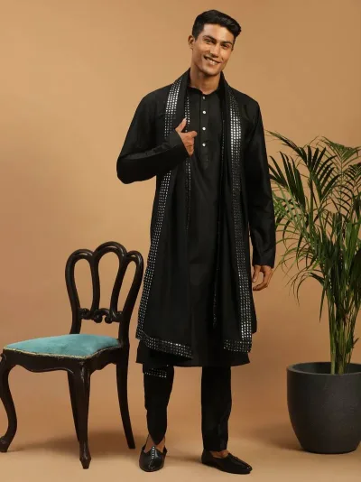 Black Viscose Kurta, Pyjama & Dupatta Set